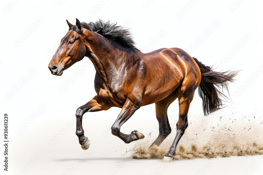 Obraz premium A powerful brown horse galloping across a sandy landscape, showcasing speed and grace in motion.