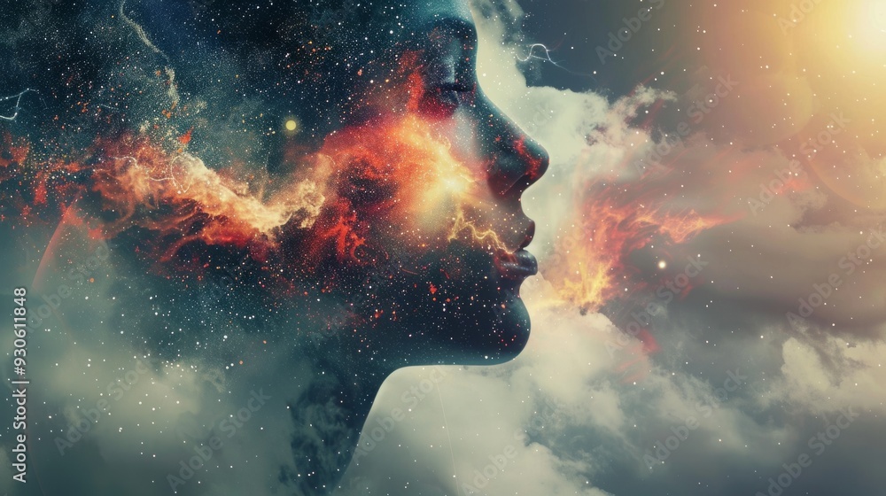 Human mind abstract space science head background. Brain face sky idea universe thought psychology Human mind abstract space science head background. Brain face sky idea universe thought psychology
