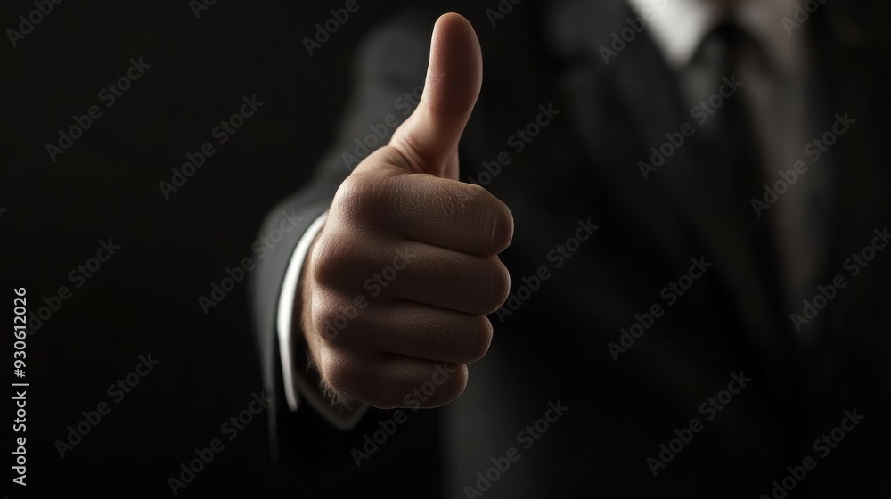 Businessman giving thumbs up gesture in the dark Businessman giving thumbs up gesture in the dark