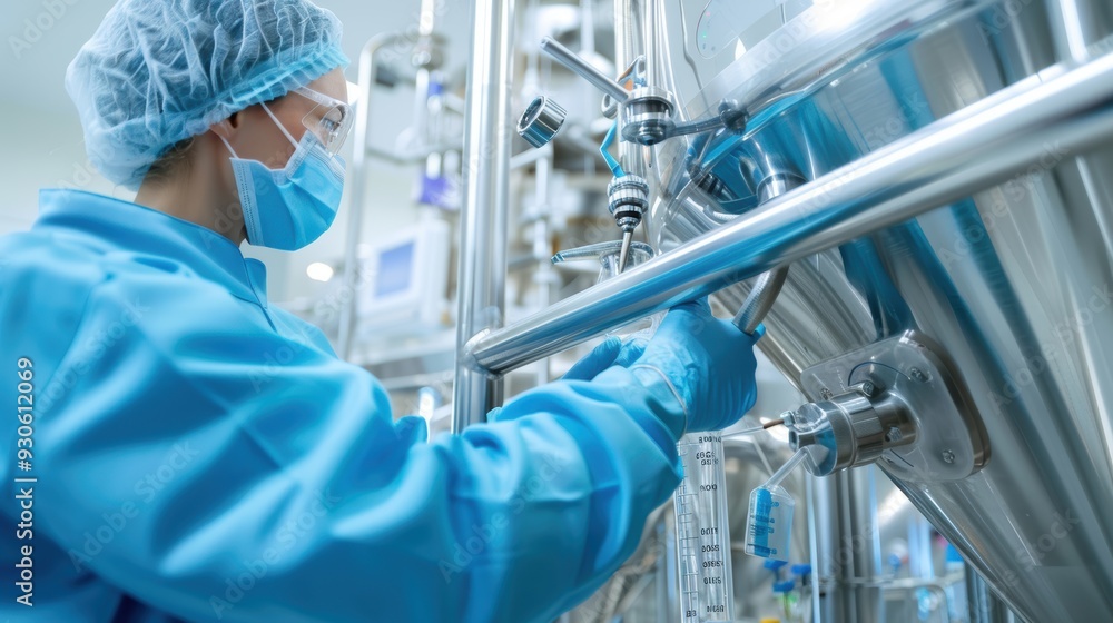 Laboratory technician in blue protective clothing operates stainless steel equipment in a clean room environment. Laboratory technician in blue protective clothing operates stainless steel equipment in a clean room environment.