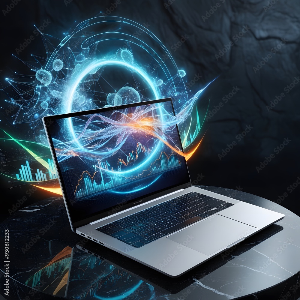 High-tech digital Data analysis on a glowing laptop screen,Generative Ai High-tech digital Data analysis on a glowing laptop screen,Generative Ai