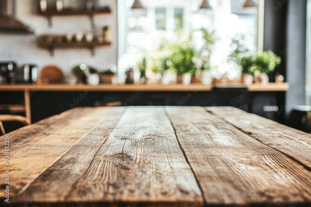Rustic wooden table in modern kitchen interior Rustic wooden table in modern kitchen interior