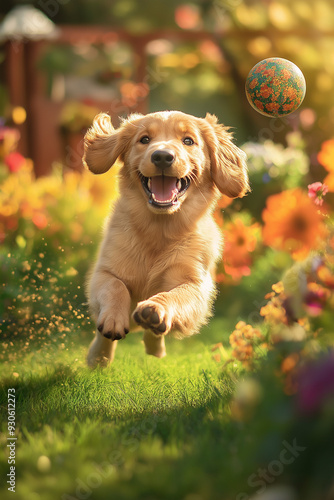 Playful Golden Retriever Puppy Leaping with Joy in a Sunny Garden
