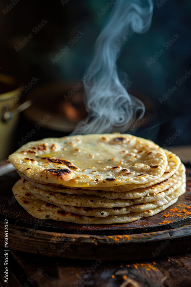 Freshly cooked flatbreads stacked on a wooden board, emitting steam, perfect for culinary presentations and food photography. Freshly cooked flatbreads stacked on a wooden board, emitting steam, perfect for culinary presentations and food photography.