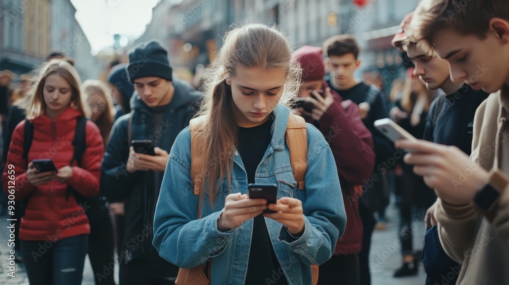 Obraz premium Generation z addiction university crowd engrossed in smartphones, social media scrolling, messaging