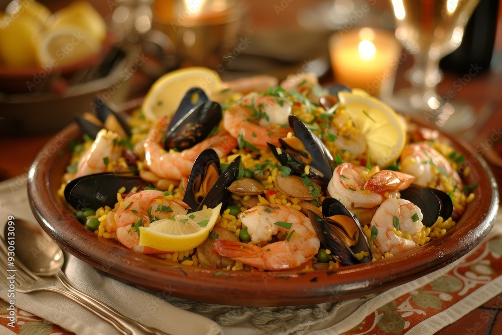 Seafood Paella with Lemon and Parsley on Rustic Terracotta Plate. Seafood Paella with Lemon and Parsley on Rustic Terracotta Plate.