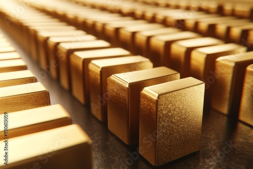 High definition image of golden blocks arranged in rows illuminated by soft light symbolizing the order and structure in modern technology and electronics