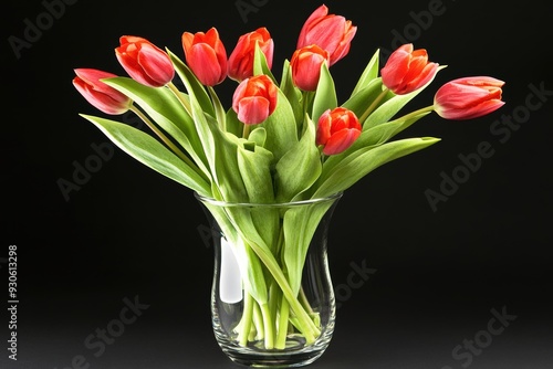 Vibrant red tulips in glass vase on black background