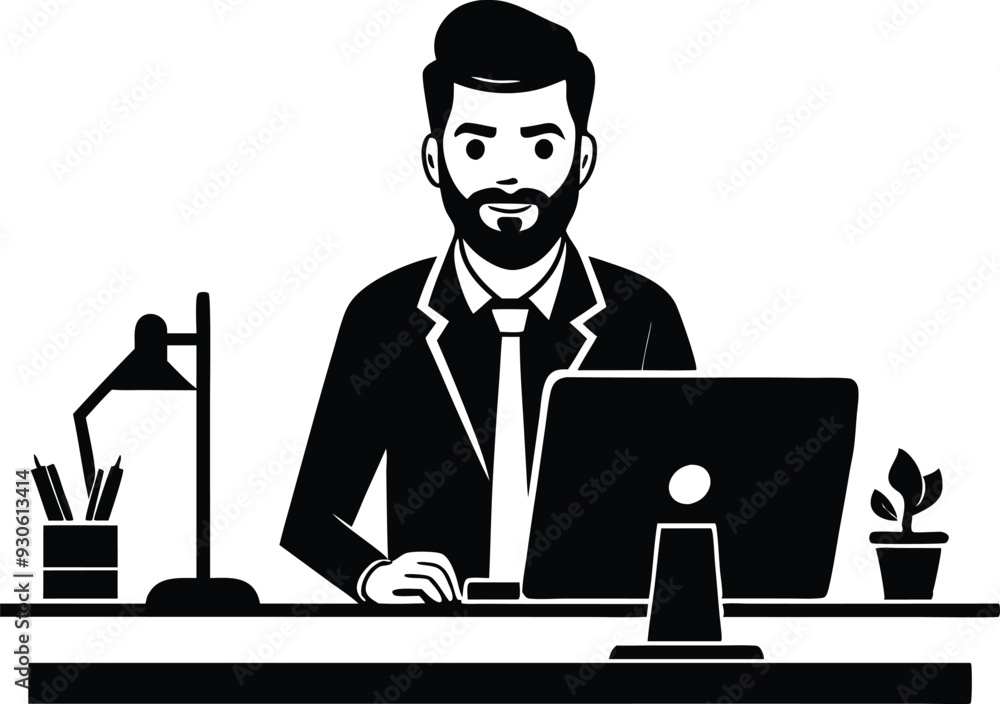 A man working in office illustration black and white A man working in office illustration black and white