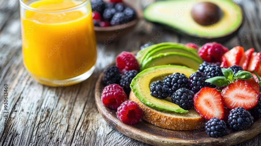 Clean and appetizing photograph of a healthy breakfast spread with avocado toast, mixed berries, and a glass of freshly squeezed orange juice. Clean and appetizing photograph of a healthy breakfast spread with avocado toast, mixed berries, and a glass of freshly squeezed orange juice.