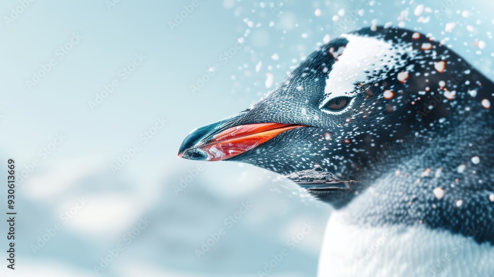 Naklejka premium Enchanting double exposure of a penguin with Antarctic landscapes in the background, showcasing the charm and resilience of these beloved birds in their icy realm, ultra-realistic, vibrant colors,