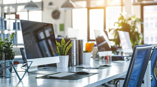 Modern office space with desktops with modern computers photo