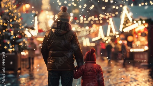 Winter Evening Stroll: Parent and Child Walking in Festive City Lights