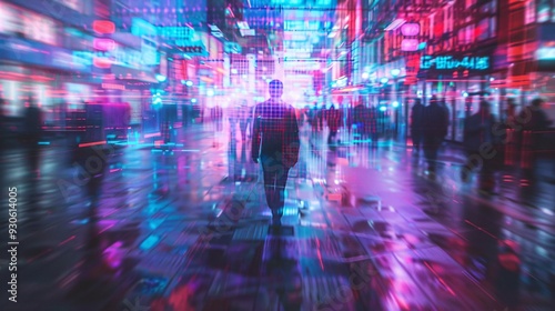 Blurred Cityscape with Neon Lights and Silhouettes of People