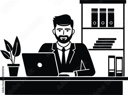 A man working in office illustration black and white