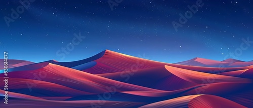 Night Landscape, with Desert Sand Dunes. Peaceful Modern Wallpaper with Blue Gradient Starry Sky photo