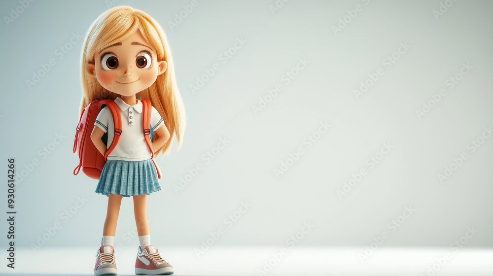 Cute, cartoon girl 6 years old in school uniform and with blonde hair standing on light background on the left. She has a school backpack on her back Cute, cartoon girl 6 years old in school uniform and with blonde hair standing on light background on the left. She has a school backpack on her back