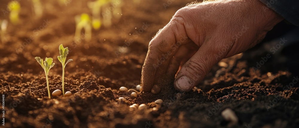Hand Planting Seeds in Soil with Emerging Sprouts Hand Planting Seeds in Soil with Emerging Sprouts