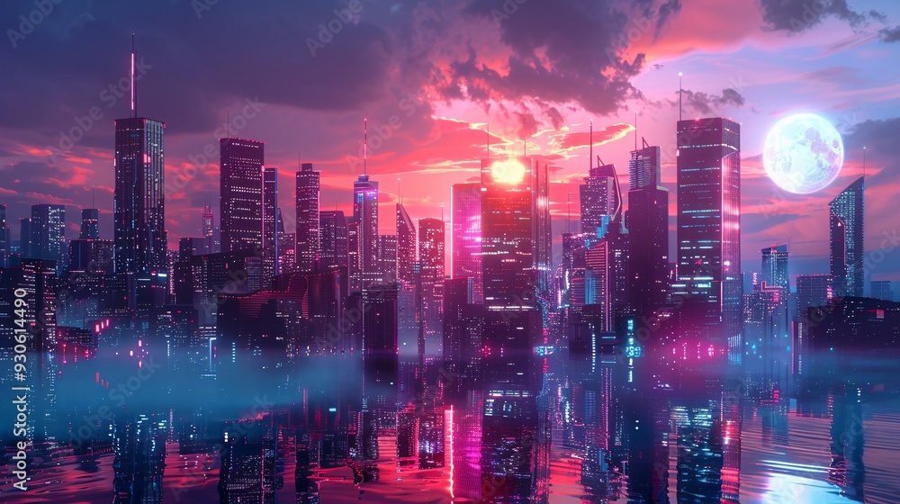 Futuristic Cityscape with Sunset and Moon Reflection Futuristic Cityscape with Sunset and Moon Reflection