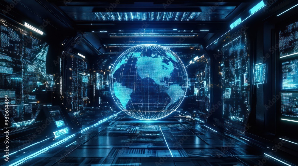 Futuristic global network hub with an America-centric digital world globe, representing rapid data transfer and advanced cyber technology Futuristic global network hub with an America-centric digital world globe, representing rapid data transfer and advanced cyber technology