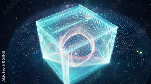 Futuristic glowing cube with energy patterns in dark space photo