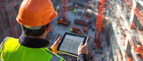 Japanese engineer using a tablet to monitor construction progress with a site full of equipment and workers highlighting modern technology integration and project oversight