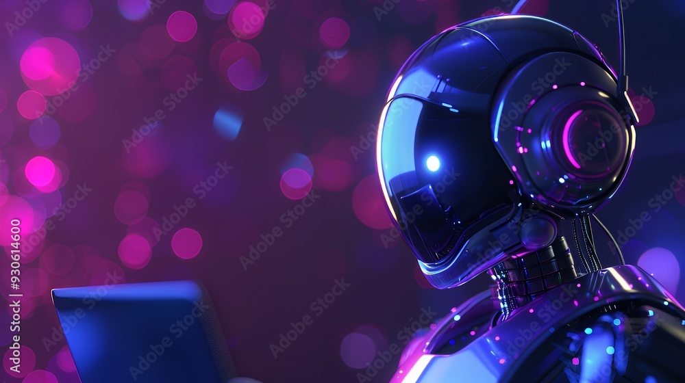 Fototapeta premium Futurism humanoid robot with a glowing helmet looks at a digital tablet in a dark room with neon bokeh lights.