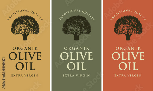 Set of vector labels for olives or olive oil with olive tree design. Suitable for designing logo, sticker, banner