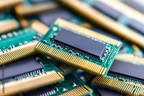 Close up of green memory chips stacked on a circuit board illuminated by warm light representing the precision and engineering in modern technology