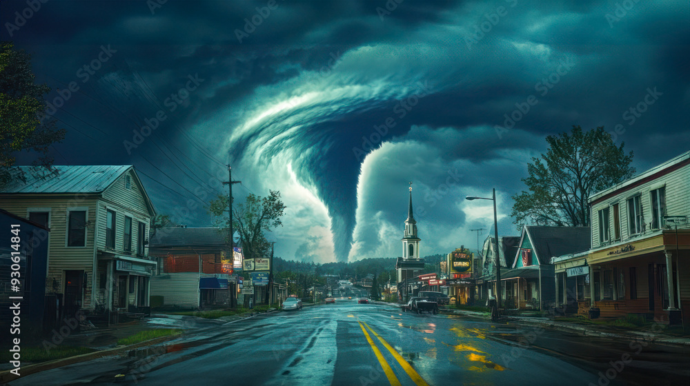 Tornado Looming Over Small Town - A powerful tornado approaches a ...