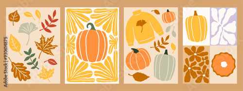 Fall vector cards set. Autumn arrangements, pumpkin, leaves, florals