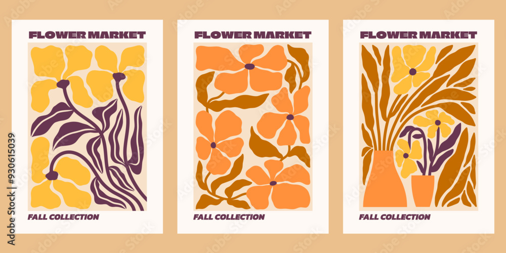 Fall flower market vector posters set. Autumn florals print templates. Matisse style botanical illustrations Fall flower market vector posters set. Autumn florals print templates. Matisse style botanical illustrations