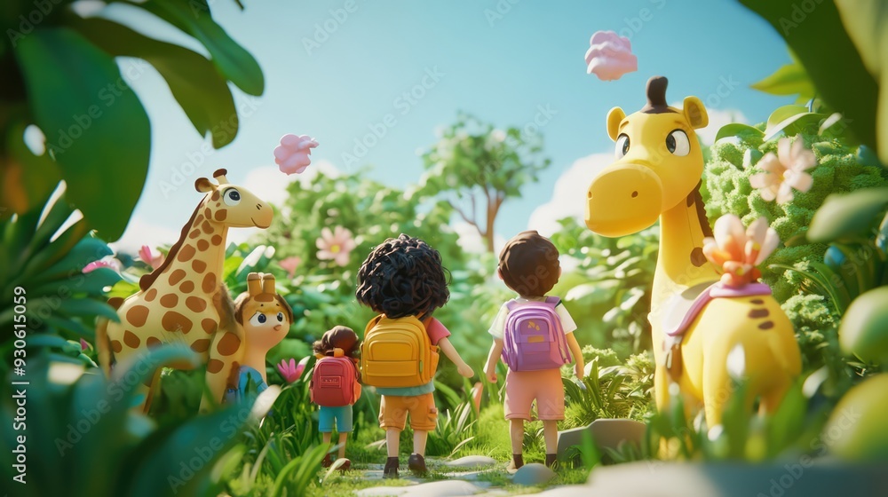 Whimsical 3D render of kids on a safari in a magical jungle Whimsical 3D render of kids on a safari in a magical jungle