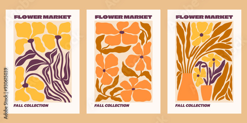 Fall flower market vector posters set. Autumn florals print templates. Matisse style botanical illustrations