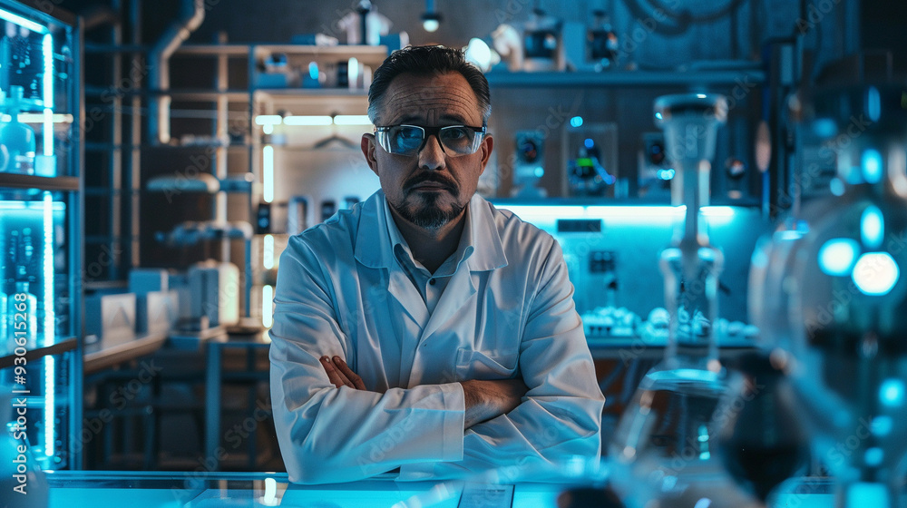 A middle-aged male inventor in a futuristic lab, showcasing a groundbreaking new technology, surrounded by prototypes and advanced equipment. A middle-aged male inventor in a futuristic lab, showcasing a groundbreaking new technology, surrounded by prototypes and advanced equipment.