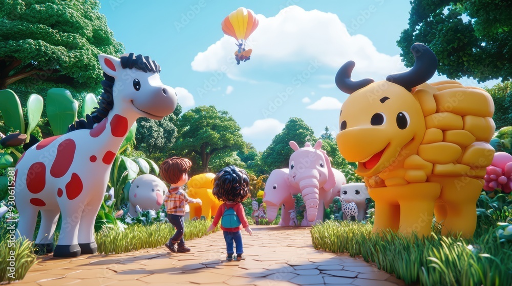 Fototapeta premium Whimsical 3D render of kids on a safari in a magical jungle