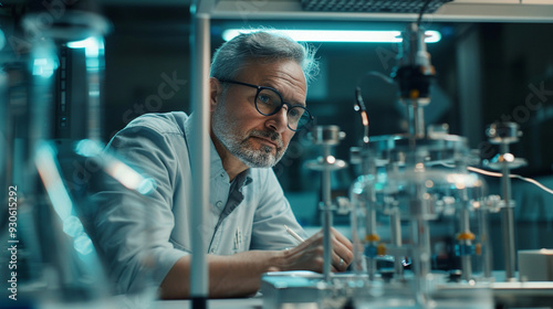 A middle-aged male inventor in a futuristic lab, showcasing a groundbreaking new technology, surrounded by prototypes and advanced equipment. photo