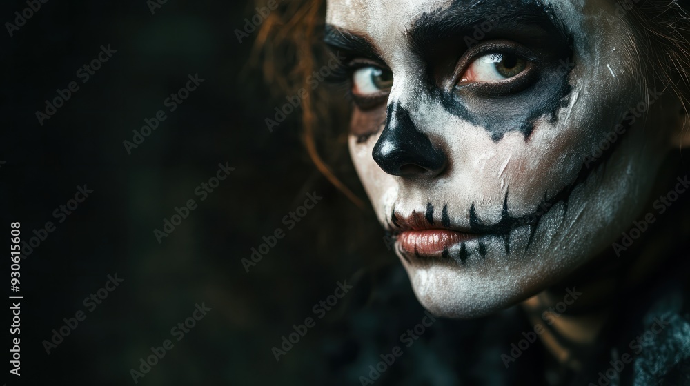 Halloween beauty portrait of death skeleton woman, makeup on her face. Halloween beauty portrait of death skeleton woman, makeup on her face.