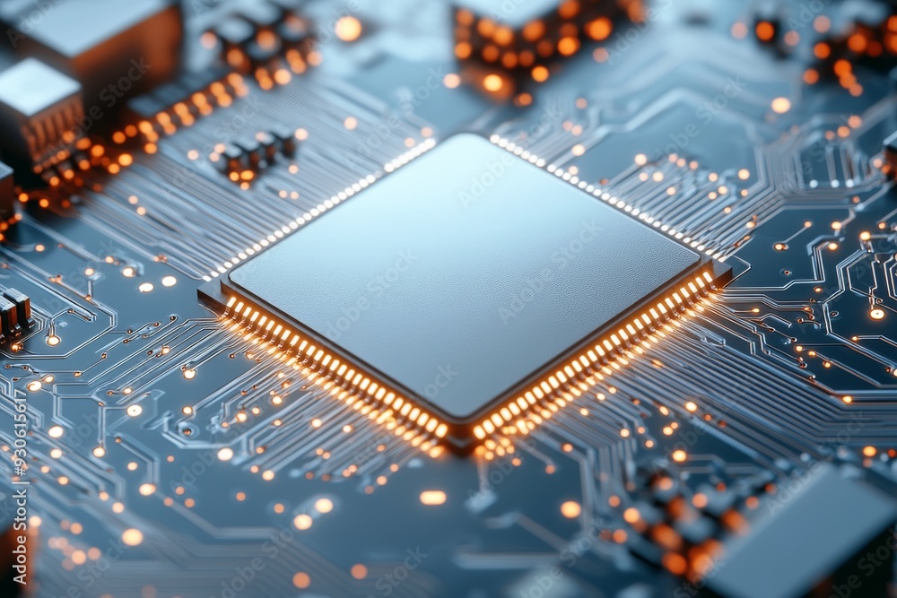 High definition close up of a square microchip on a circuit board illuminated by soft blue light representing the precision and complexity of modern electronics High definition close up of a square microchip on a circuit board illuminated by soft blue light representing the precision and complexity of modern electronics