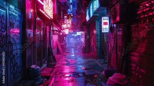 Neon Lights Reflecting on Wet Pavement in a Narrow Alleyway