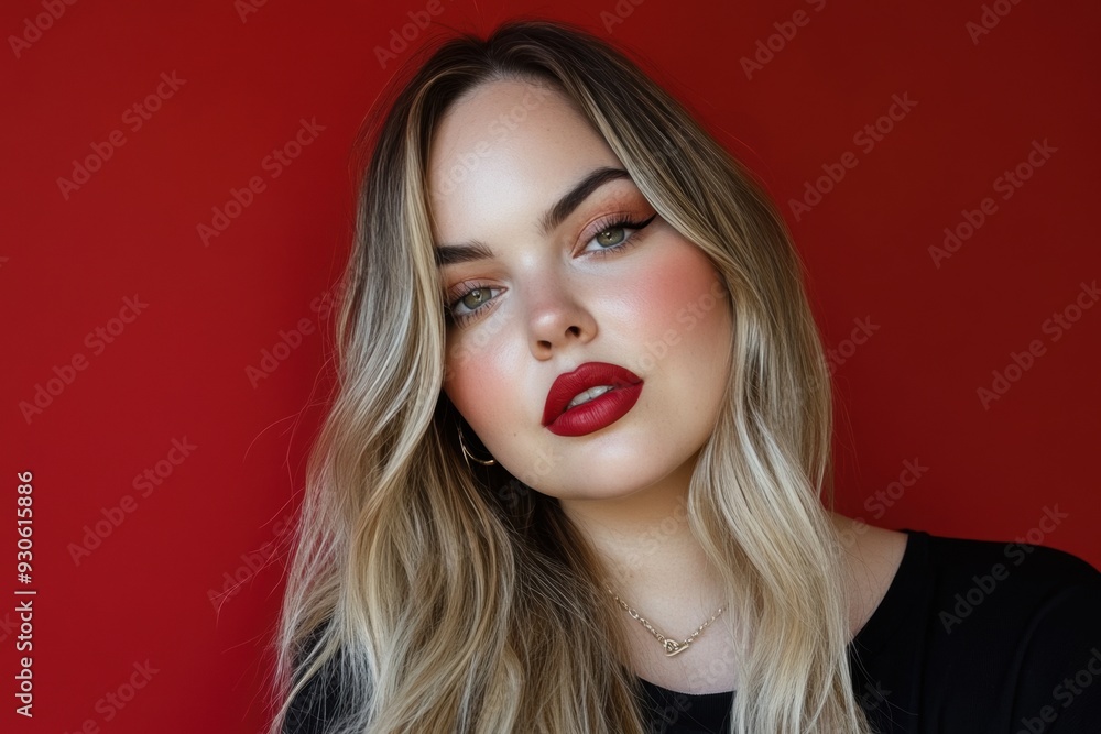 Fototapeta premium Stunning portrait of young woman with red lipstick wavy hair