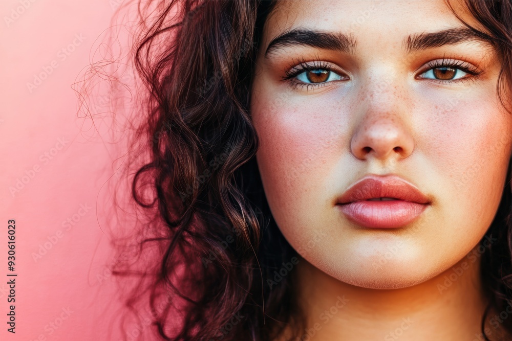 Serene young woman with curly hair pink background Serene young woman with curly hair pink background