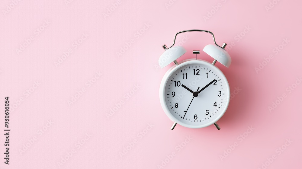 A white alarm clock on a pink background, symbolizing time management and punctuality. A white alarm clock on a pink background, symbolizing time management and punctuality.
