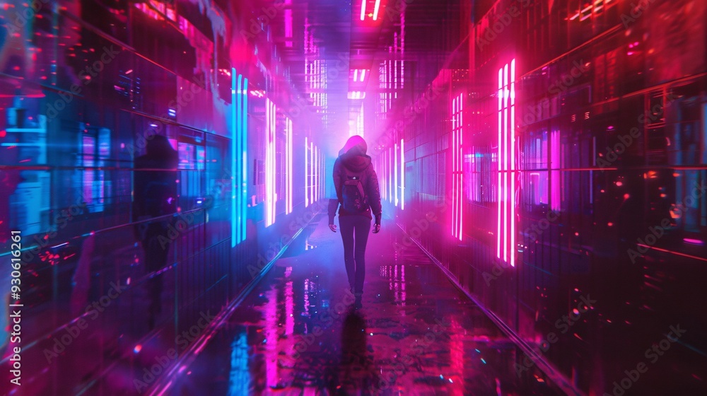 Neon Cityscape Woman walking through futuristic urban alleyway Neon Cityscape Woman walking through futuristic urban alleyway