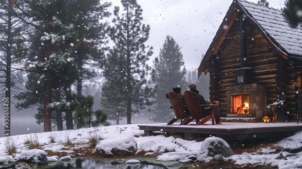 A couple sitting by a cozy fireplace in a wooden cabin surrounded by snow-covered pine trees, with hot cocoa mugs in hand. A couple sitting by a cozy fireplace in a wooden cabin surrounded by snow-covered pine trees, with hot cocoa mugs in hand.