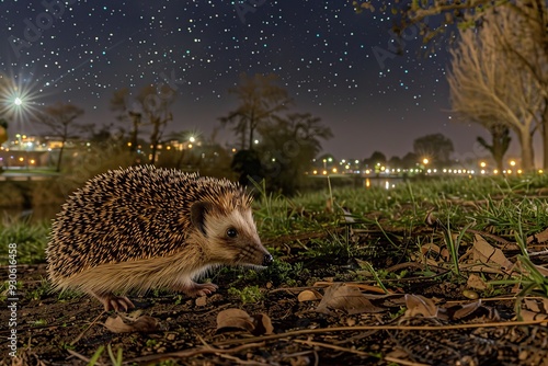 Hedgehog Crossing Park Path Under Starry Night and City Lights.