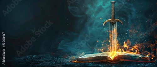 Sword of the spirit. Holy bible. For the word of God is living and active, sharper than any double-edged sword. Flaming sword of the spirit and the word of god concept art. With copy space