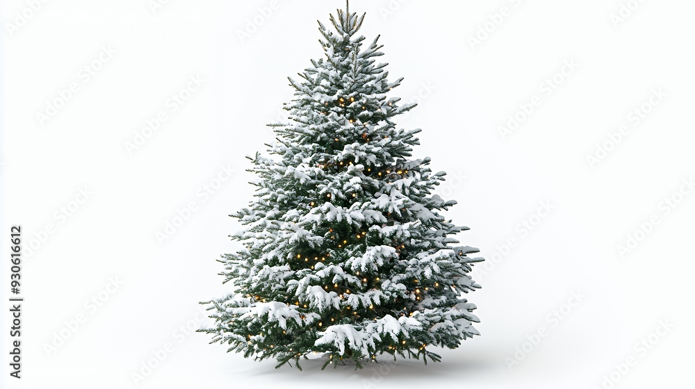 Fototapeta premium A green pine Christmas tree covered in fresh white snow isolated on a plain white background.