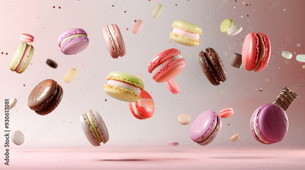 Various colorful of macarons floating on the air, Desserts sweet cake concept Various colorful of macarons floating on the air, Desserts sweet cake concept