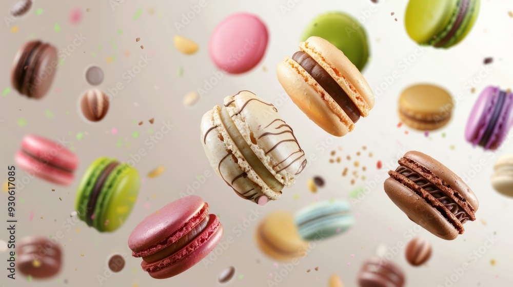 Obraz premium Various colorful of macarons floating on the air, Desserts sweet cake concept